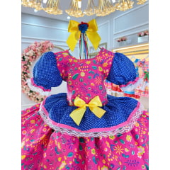 Vestido Infantil Junino Azul e Pink Com Estampas Colorida