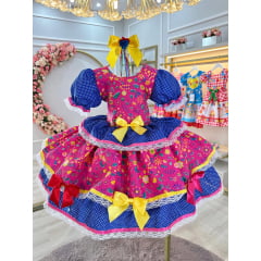 Vestido Infantil Junino Azul e Pink Com Estampas Colorida