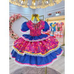 Vestido Infantil Junino Azul e Pink Com Estampas Colorida