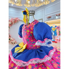 Vestido Infantil Junino Azul e Pink Com Estampas Colorida