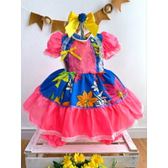 Vestido Infantil Junino Azul e Rosa Flores Coloridas