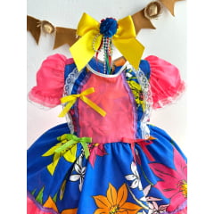 Vestido Infantil Junino Azul e Rosa Flores Coloridas