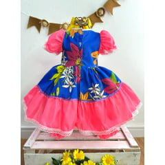 Vestido Infantil Junino Azul e Rosa Flores Coloridas
