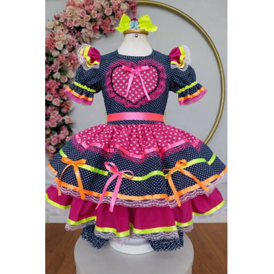 Vestido Infantil Junino Azul Marinho Colorido C/ Babados Luxo Vestido Infantil Junino Azul Marinho Colorido C/ Babados Luxo