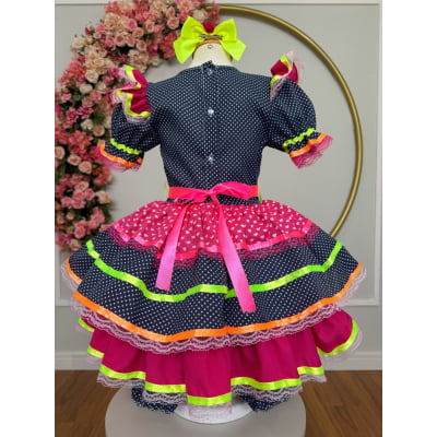 Vestido Infantil Junino Azul Marinho Colorido C/ Babados Luxo