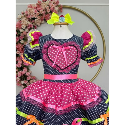 Vestido Infantil Junino Azul Marinho Colorido C/ Babados Luxo