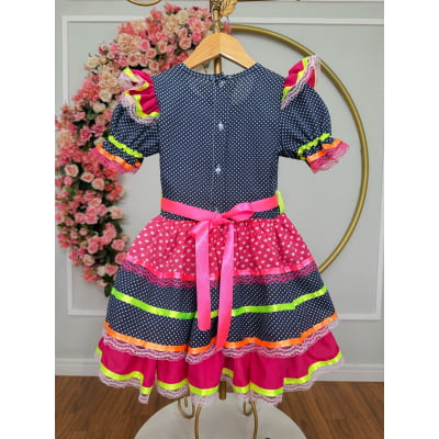 Vestido Infantil Junino Azul Marinho Colorido C/ Babados Luxo