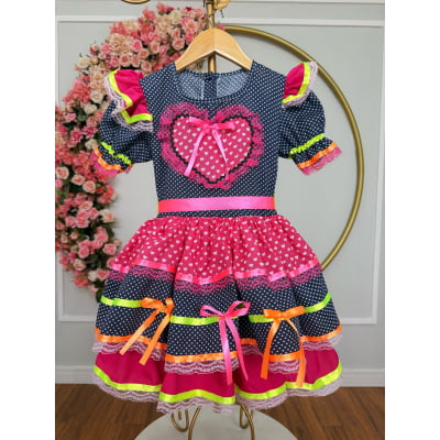 Vestido Infantil Junino Azul Marinho Colorido C/ Babados Luxo