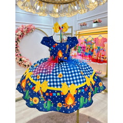 Vestido Infantil Junino Azul Xadrez Colorido Festa São João