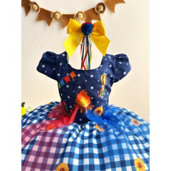 Vestido Infantil Junino Azul Xadrez Colorido Festa São João