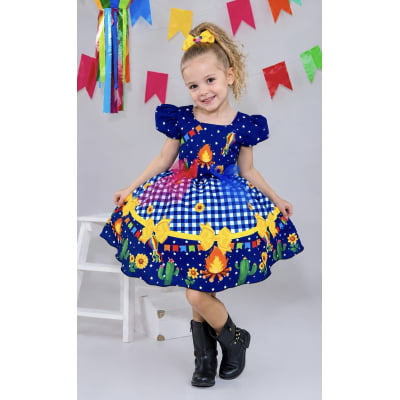 Vestido Infantil Junino Azul Xadrez Colorido Festa São João