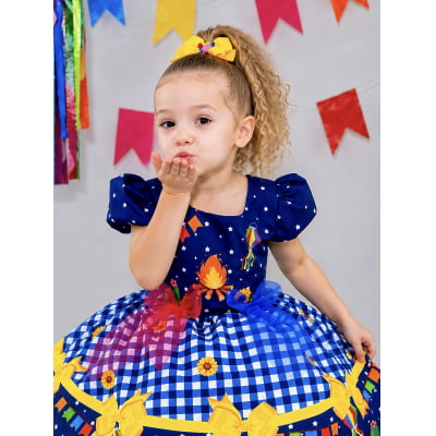 Vestido Infantil Junino Azul Xadrez Colorido Festa São João