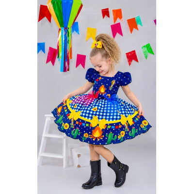 Vestido Infantil Junino Azul Xadrez Colorido Festa São João