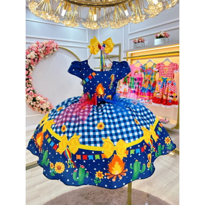 Vestido Infantil Junino Azul Xadrez Colorido Festa São João