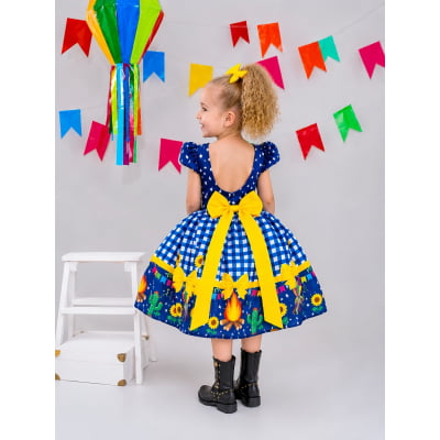 Vestido Infantil Junino Azul Xadrez Colorido Festa São João