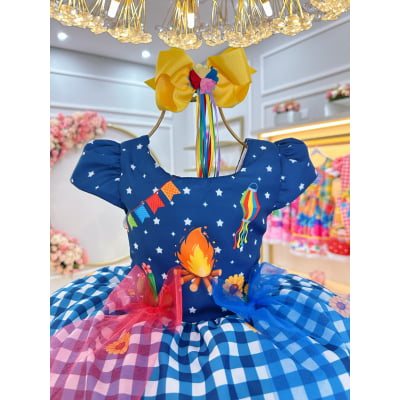 Vestido Infantil Junino Azul Xadrez Colorido Festa São João