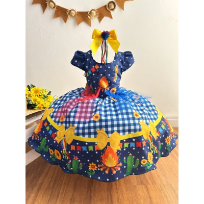 Vestido Infantil Junino Azul Xadrez Colorido Festa São João