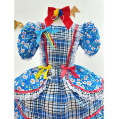 Vestido Infantil Junino Azul Xadrez Colorido Florzinhas