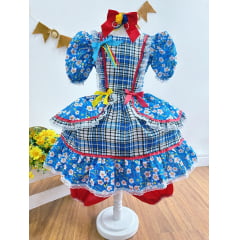 Vestido Infantil Junino Azul Xadrez Colorido Florzinhas