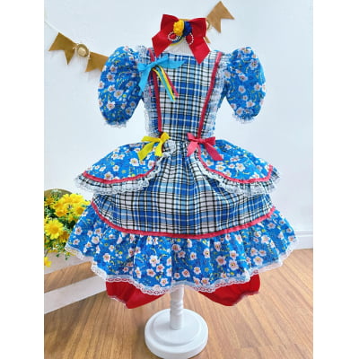 Vestido Infantil Junino Azul Xadrez Colorido Florzinhas