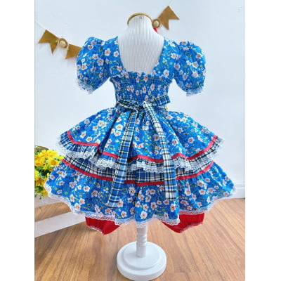 Vestido Infantil Junino Azul Xadrez Colorido Florzinhas