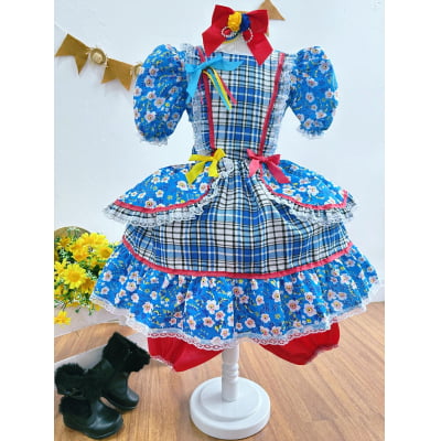 Vestido Infantil Junino Azul Xadrez Colorido Florzinhas