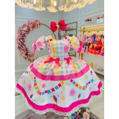 Vestido Infantil Junino Branco Xadrez Colorido Luxo Festas