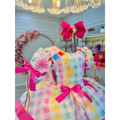 Vestido Infantil Junino Branco Xadrez Colorido Luxo Festas