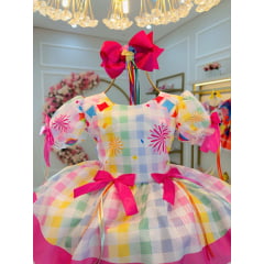 Vestido Infantil Junino Branco Xadrez Colorido Luxo Festas