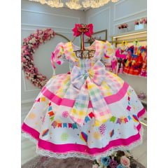 Vestido Infantil Junino Branco Xadrez Colorido Luxo Festas