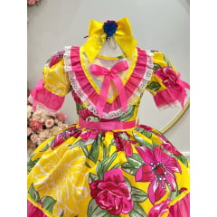 Vestido Infantil Junino Caipira Amarelo Colorido Florido