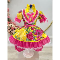 Vestido Infantil Junino Caipira Amarelo Colorido Florido