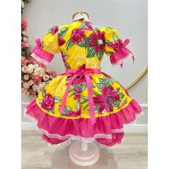 Vestido Infantil Junino Caipira Amarelo Colorido Florido