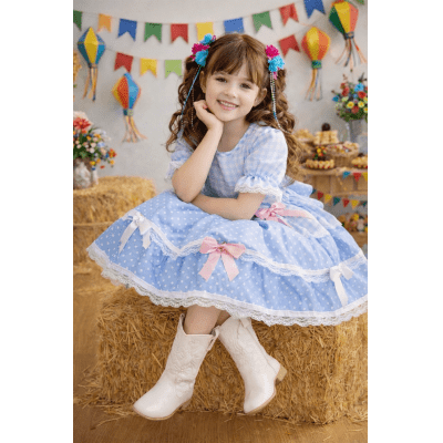 Vestido Infantil Junino Caipira Arraiá Azul Claro Xadrez Laços