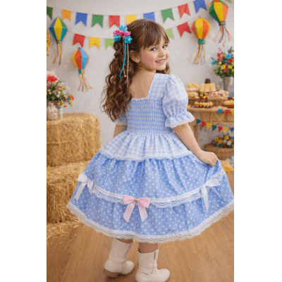 Vestido Infantil Junino Caipira Arraiá Azul Claro Xadrez Laços