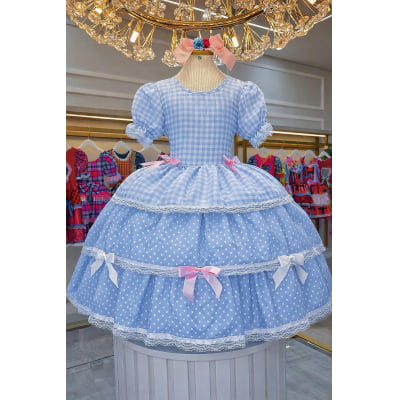 Vestido Infantil Junino Caipira Arraiá Azul Claro Xadrez Laços