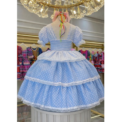Vestido Infantil Junino Caipira Arraiá Azul Claro Xadrez Laços