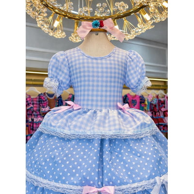 Vestido Infantil Junino Caipira Arraiá Azul Claro Xadrez Laços