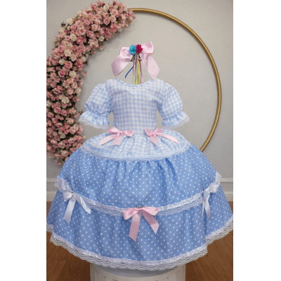 Vestido Infantil Junino Caipira Arraiá Azul Claro Xadrez Laços