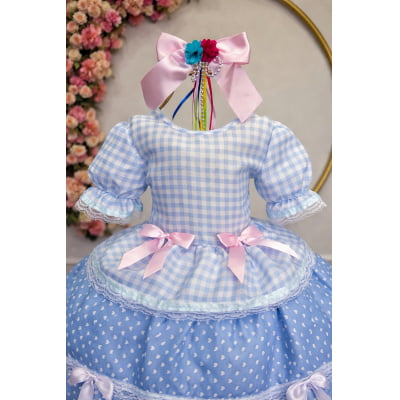 Vestido Infantil Junino Caipira Arraiá Azul Claro Xadrez Laços