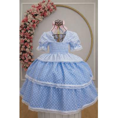 Vestido Infantil Junino Caipira Arraiá Azul Claro Xadrez Laços