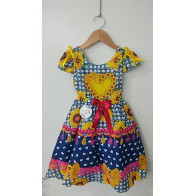 Vestido Infantil Junino Caipira Arraiá Azul Colorido Girassol Vestido Infantil Junino Caipira Arraiá Azul Colorido Girassol