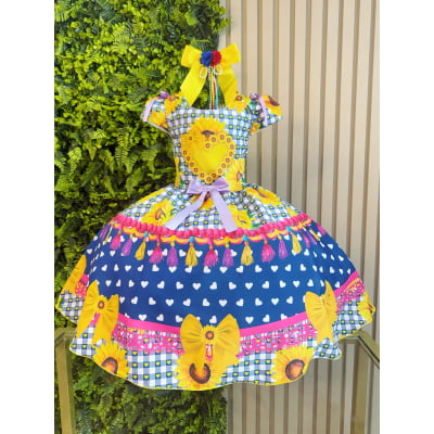 Vestido Infantil Junino Caipira Arraiá Azul Colorido Girassol