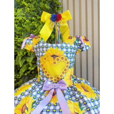 Vestido Infantil Junino Caipira Arraiá Azul Colorido Girassol