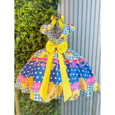 Vestido Infantil Junino Caipira Arraiá Azul Colorido Girassol