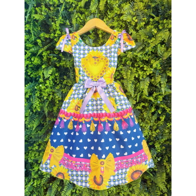 Vestido Infantil Junino Caipira Arraiá Azul Colorido Girassol