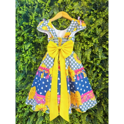 Vestido Infantil Junino Caipira Arraiá Azul Colorido Girassol
