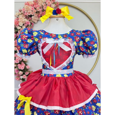 Vestido Infantil Junino Caipira Arraiá Azul Florzinhas Coloridas
