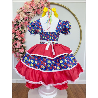 Vestido Infantil Junino Caipira Arraiá Azul Florzinhas Coloridas