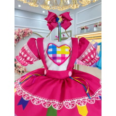 Vestido Infantil Junino Caipira Arraiá Pink Colorido Luxo